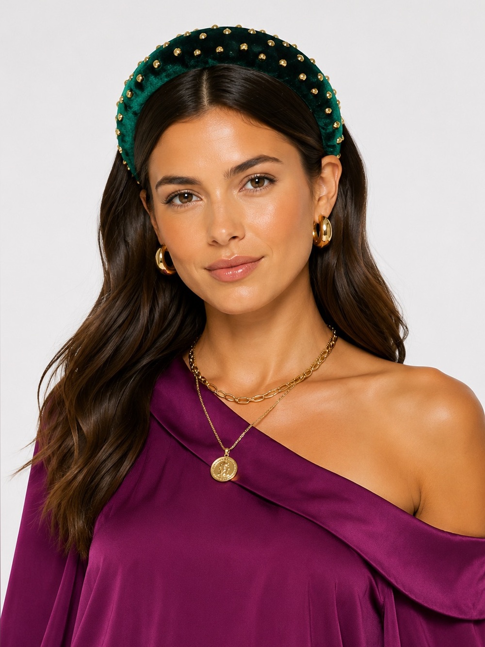 Lele Sadoughi Green Velvet Studded Headband Gold Padded Statement